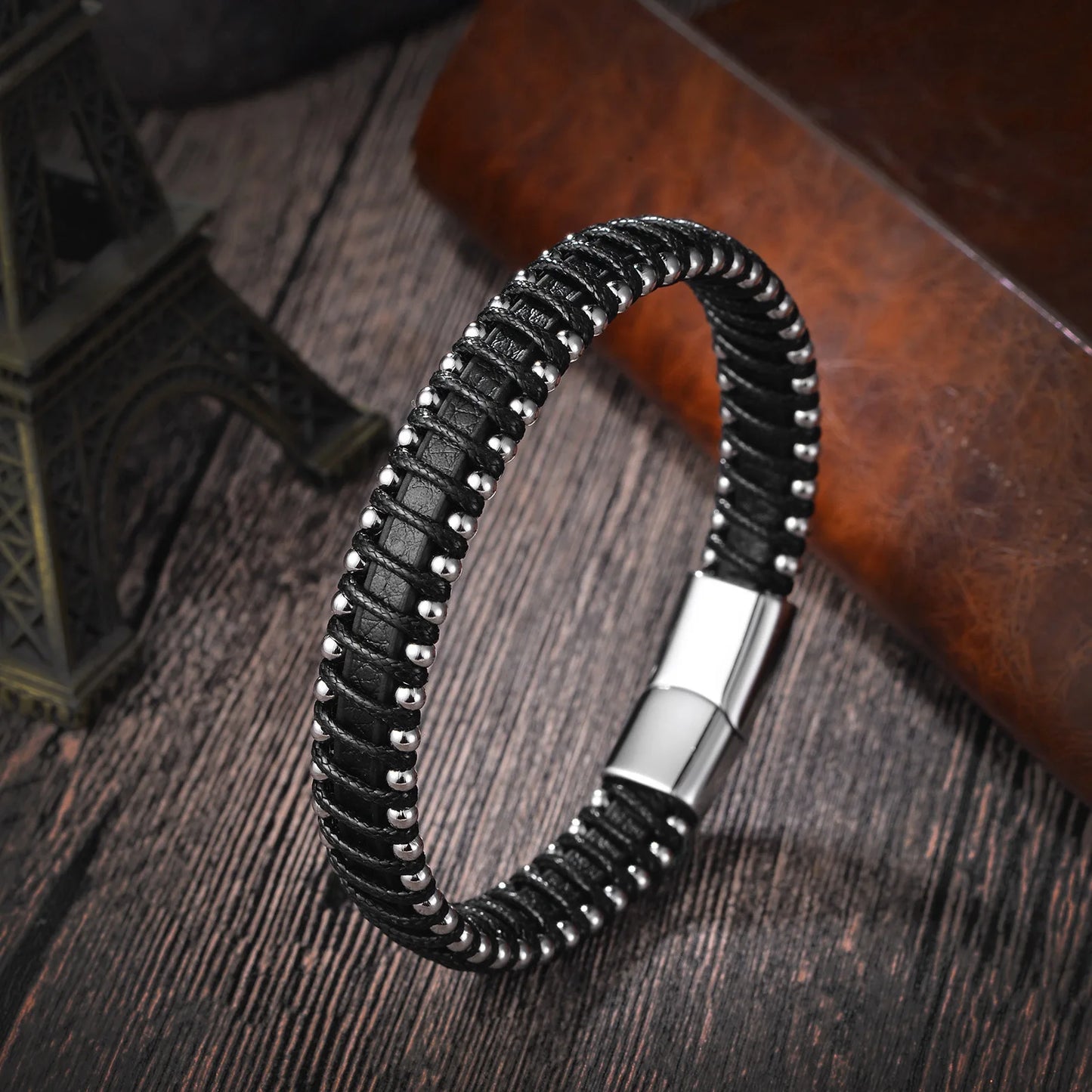 Braided Black Leather Men Bracelets Stainless Steel