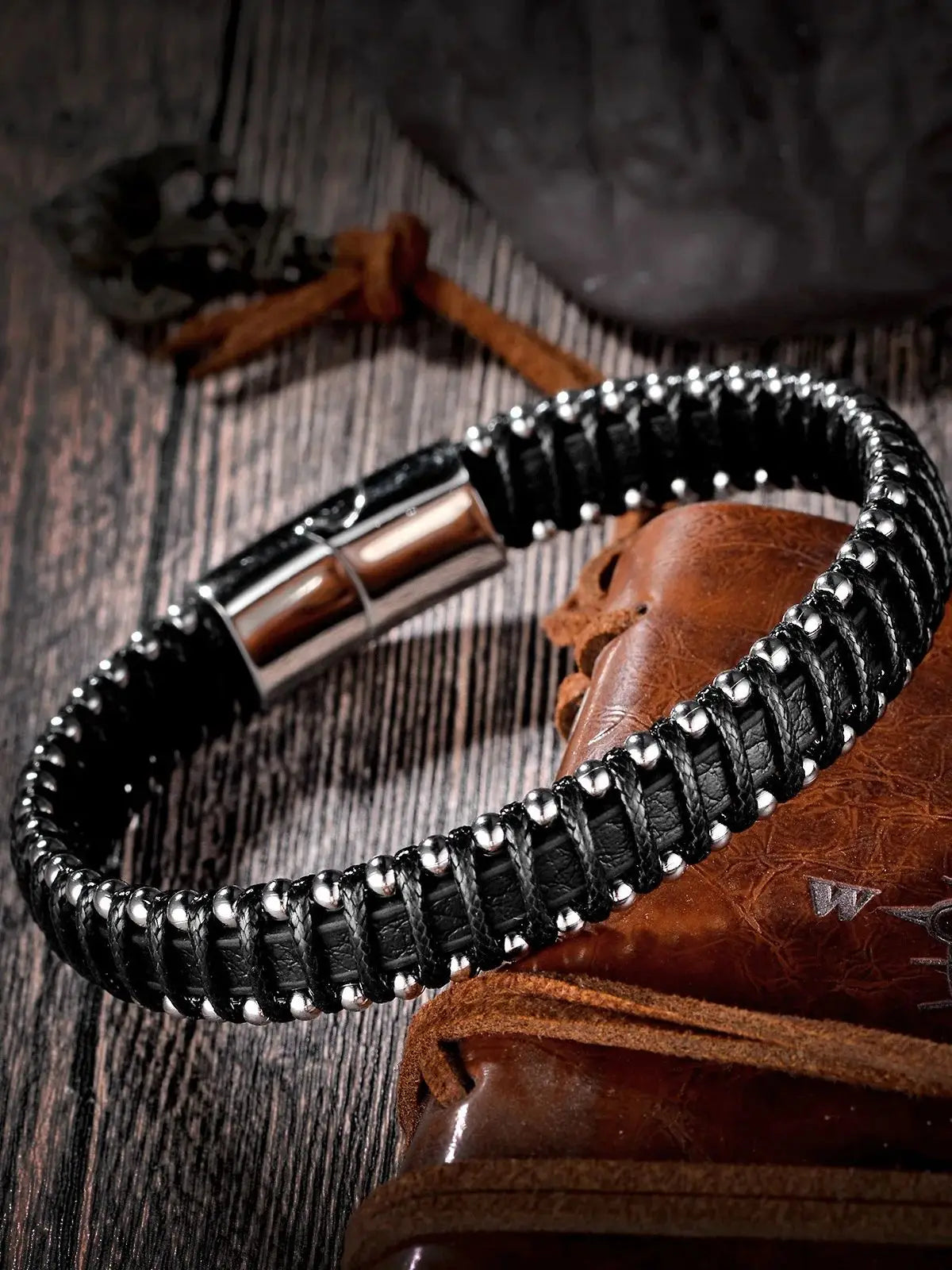 Braided Black Leather Men Bracelets Stainless Steel