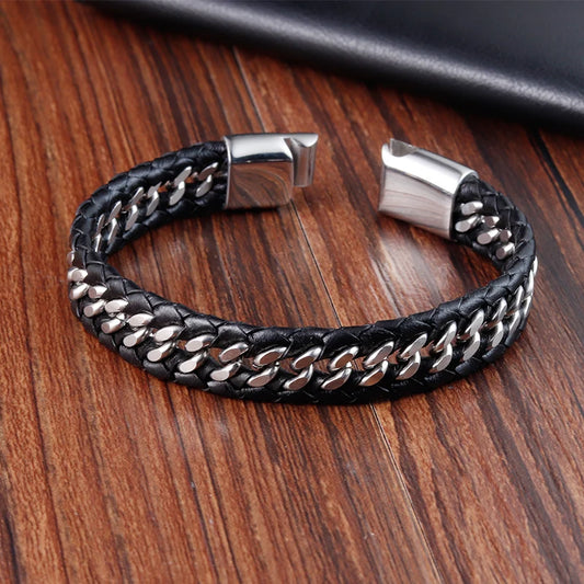 Braided Black Leather Men Bracelets Stainless Steel