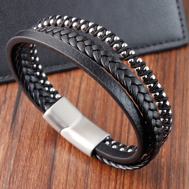 Braided Black Leather Men Bracelets Stainless Steel