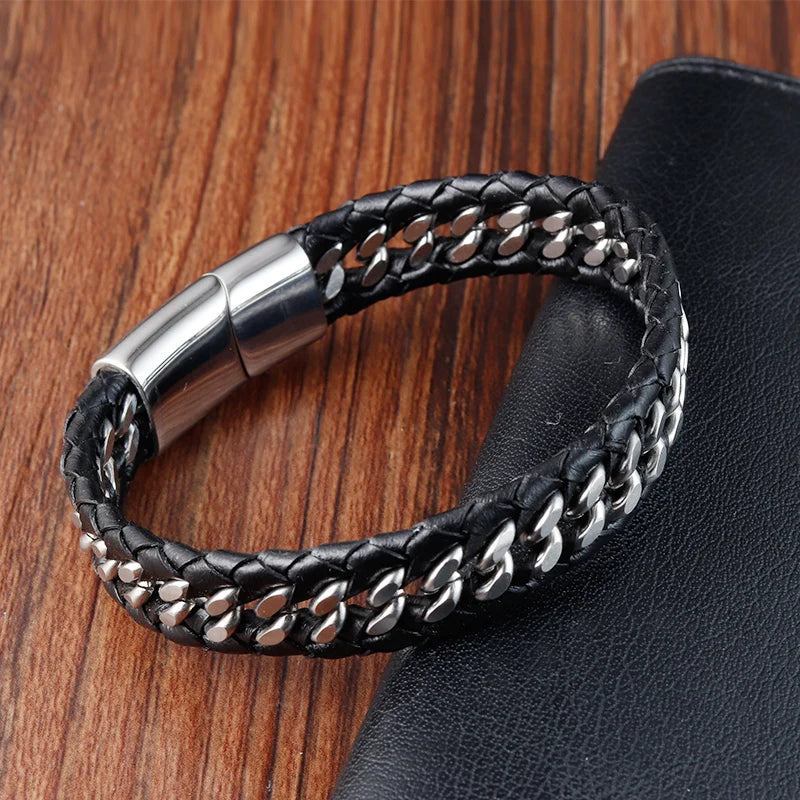 Braided Black Leather Men Bracelets Stainless Steel
