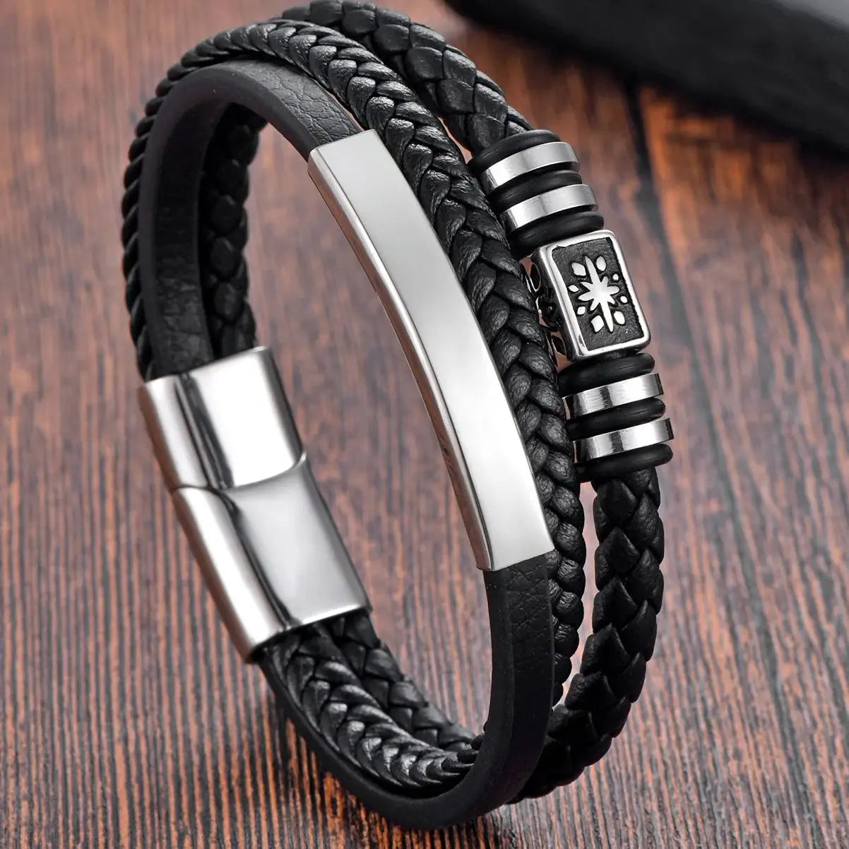 Braided Black Leather Men Bracelets Stainless Steel