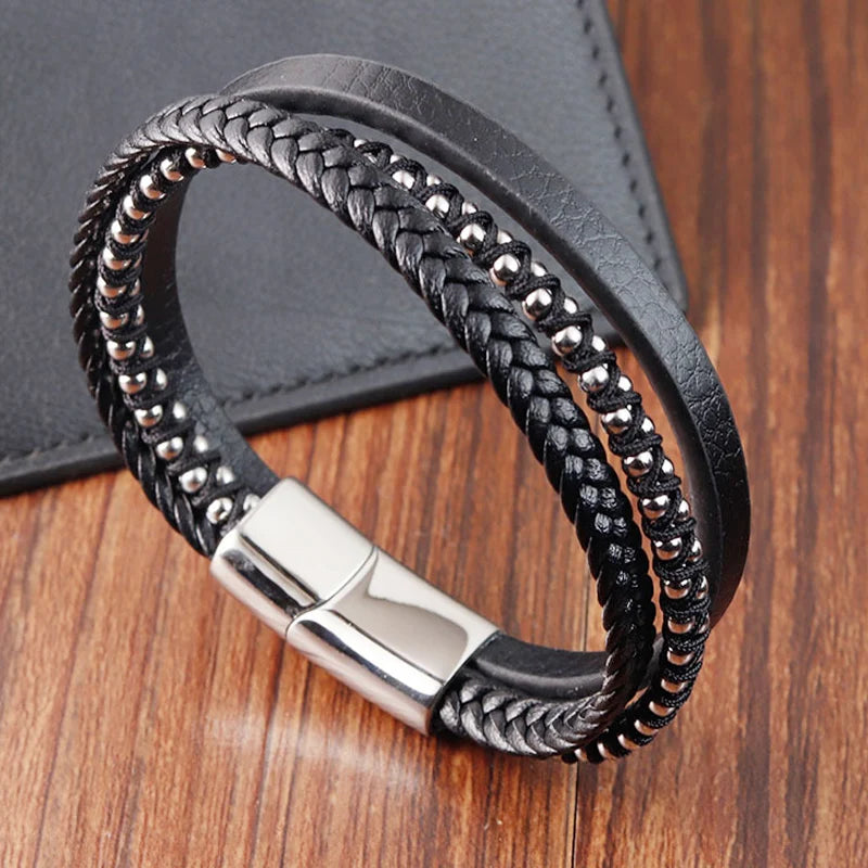 Braided Black Leather Men Bracelets Stainless Steel