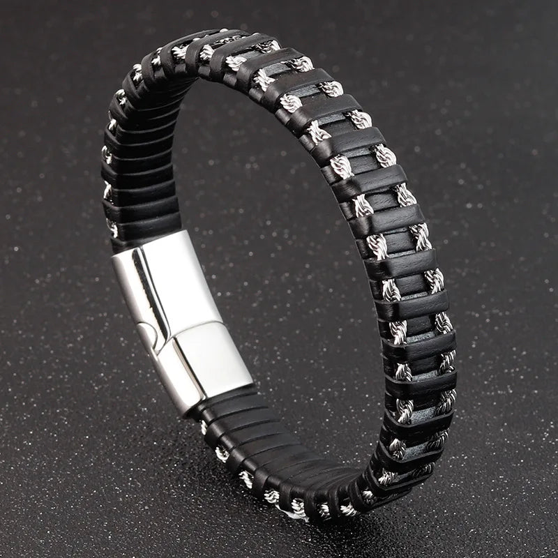 Braided Black Leather Men Bracelets Stainless Steel