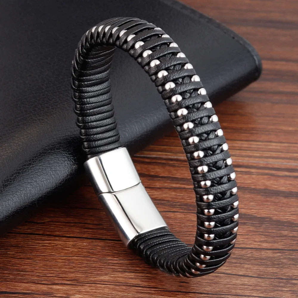 Braided Black Leather Men Bracelets Stainless Steel